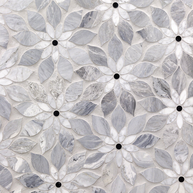 Thistle Blue Marble Flower Mosaic Tile Sheet