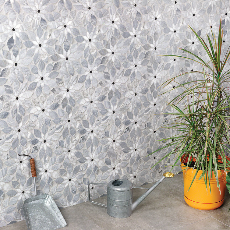 Thistle Blue Marble Flower Mosaic Tile Sheet