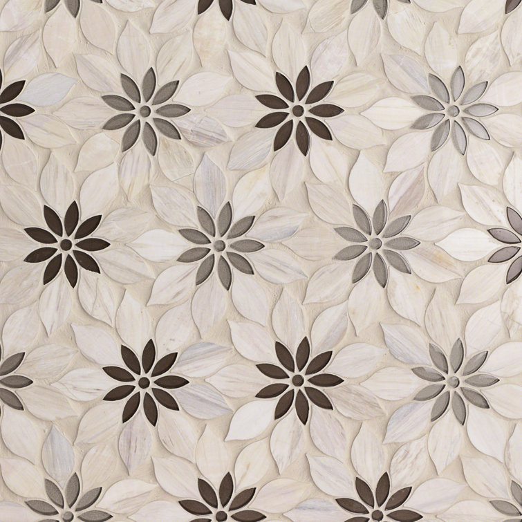 Thistle Ivory and Black Polished Marble Mosaic Tile Sheet