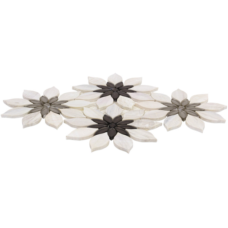 Thistle Ivory and Black Polished Marble Mosaic Tile Sheet
