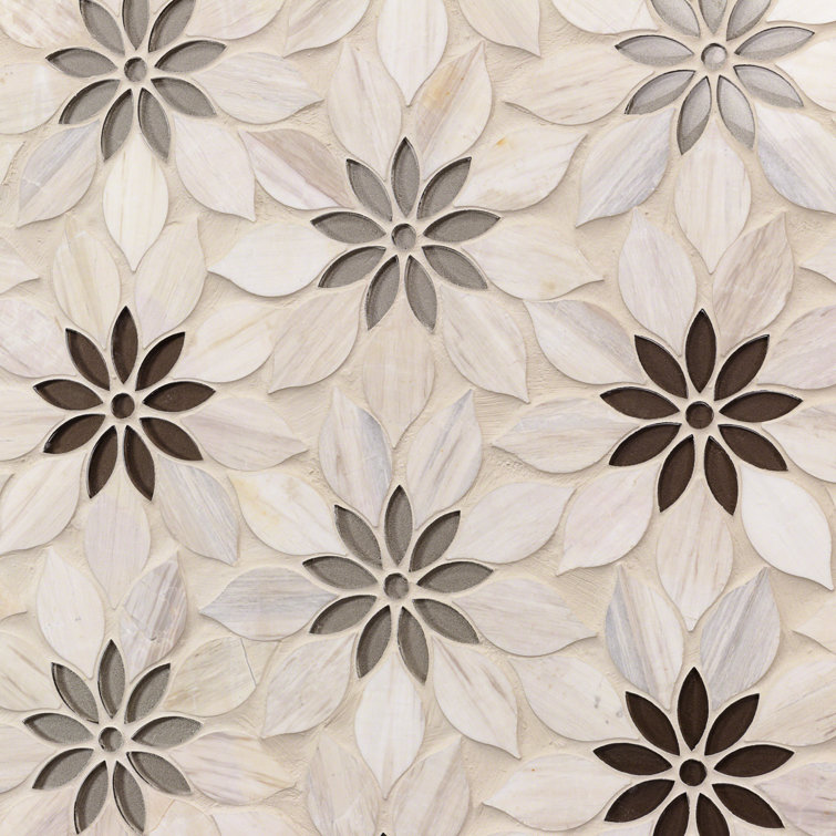 Thistle Ivory and Black Polished Marble Mosaic Tile Sheet