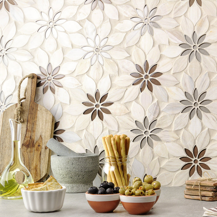 Thistle Ivory and Black Polished Marble Mosaic Tile Sheet