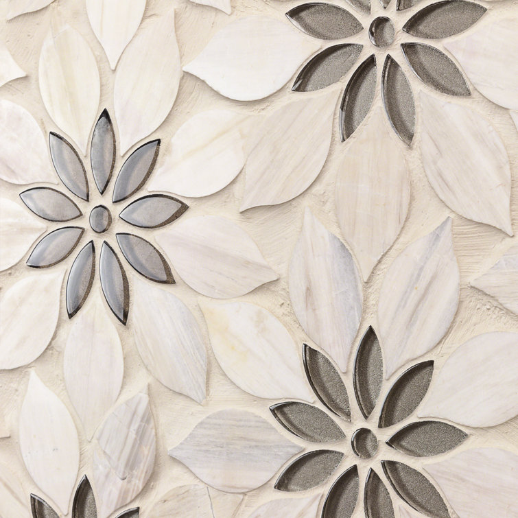 Thistle Ivory and Black Polished Marble Mosaic Tile Sheet