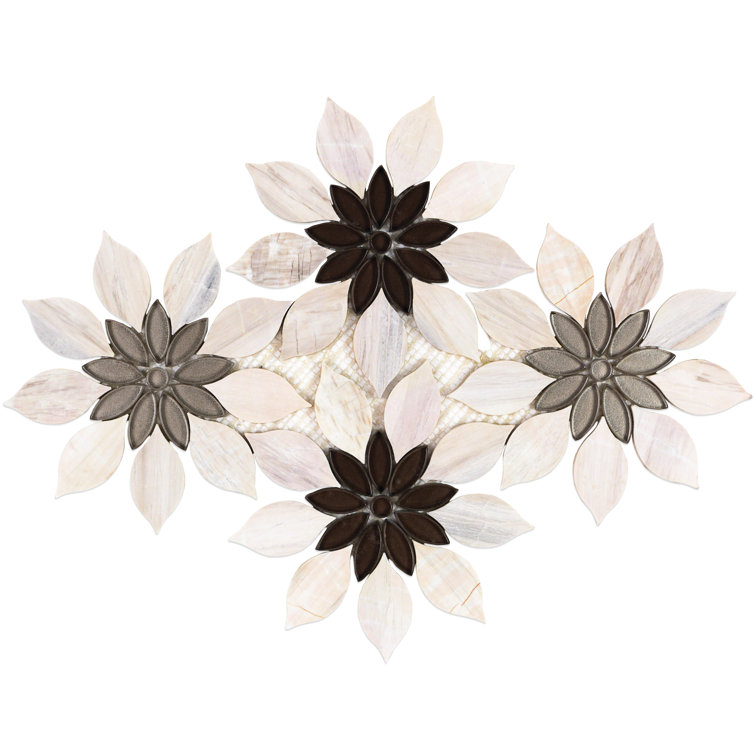 Thistle Ivory and Black Polished Marble Mosaic Tile Sheet