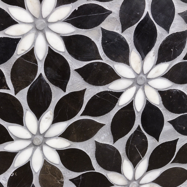 Thistle Black and White Polished Marble Mosaic Tile Sheet