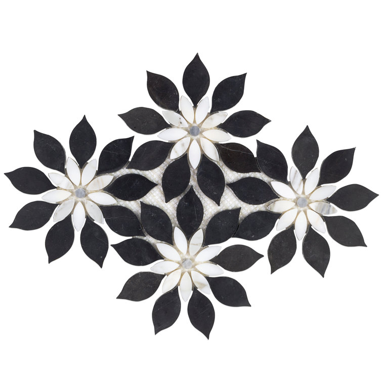 Thistle Black and White Polished Marble Mosaic Tile Sheet