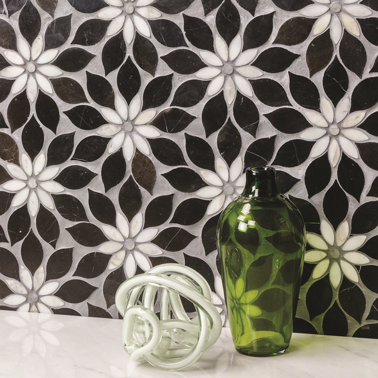 Thistle Black and White Polished Marble Mosaic Tile Sheet