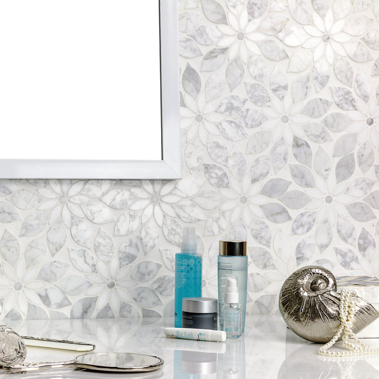 Thistle White Polished Marble Waterjet Mosaic Tile Sheet