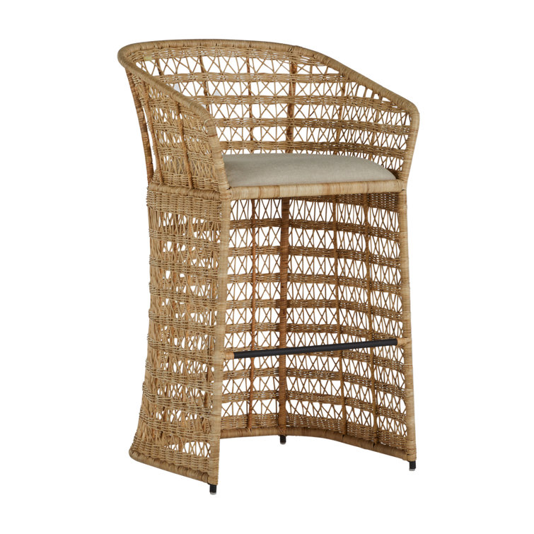 Libby Beige and Gray Rattan Bar Stool with Metal Footrest