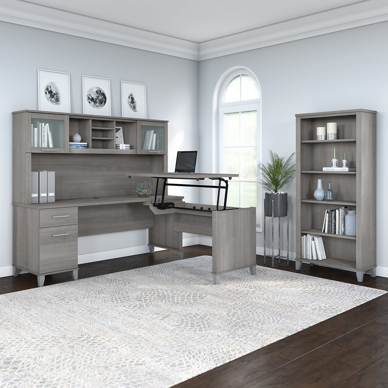 Platinum Gray Transitional L-Shaped Desk with Hutch and Bookcase