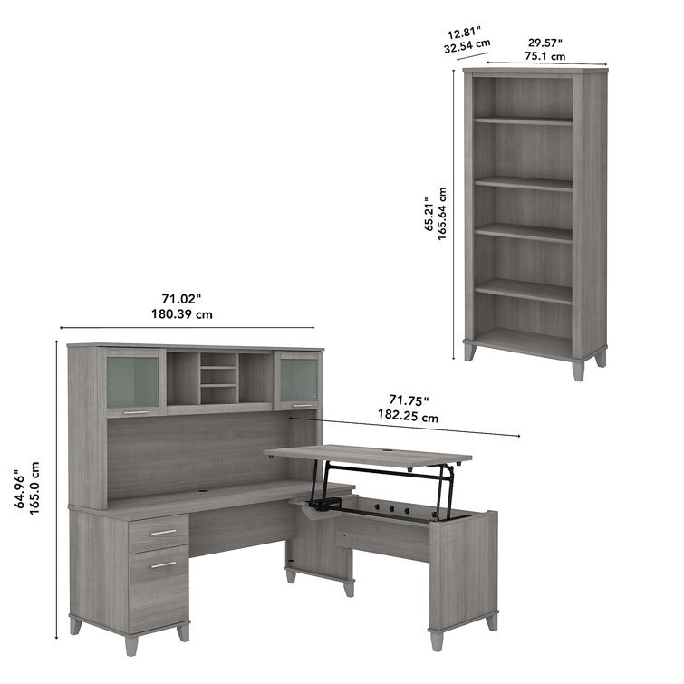 Platinum Gray Transitional L-Shaped Desk with Hutch and Bookcase