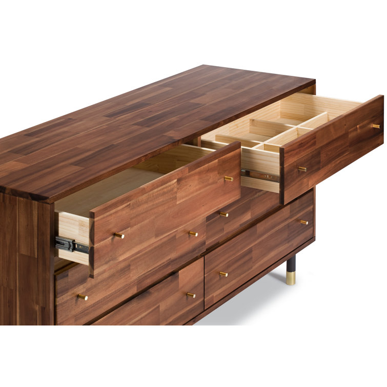 Dakota 58'' Brown Acacia Wood Double Dresser with Gold Accents
