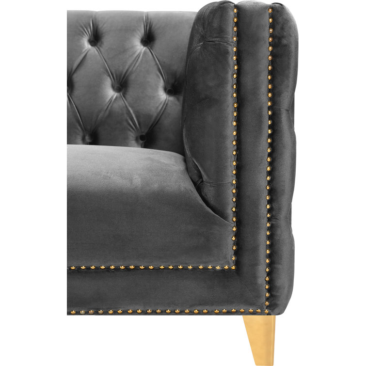 Michelle 90'' Grey Velvet Tufted Sofa with Gold Nailhead Trim
