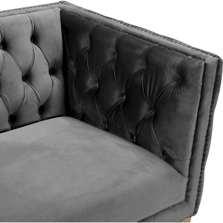 Michelle 90'' Grey Velvet Tufted Sofa with Gold Nailhead Trim
