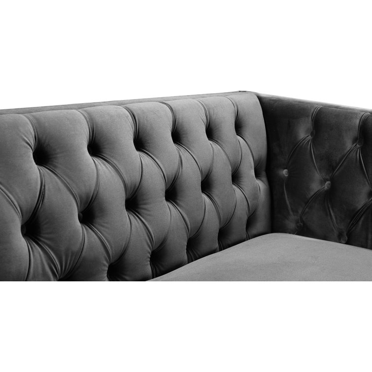 Michelle 90'' Grey Velvet Tufted Sofa with Gold Nailhead Trim