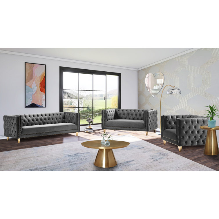 Michelle 90'' Grey Velvet Tufted Sofa with Gold Nailhead Trim
