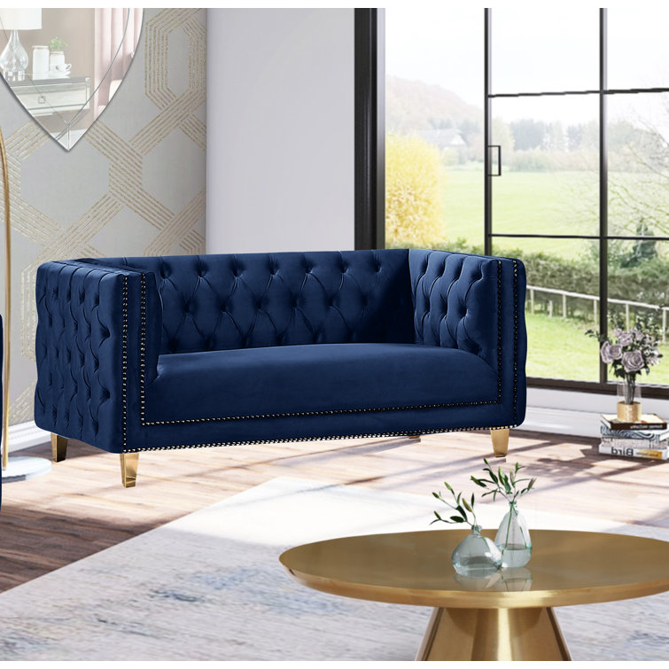 Michelle 66'' Navy Velvet Tufted Loveseat with Gold Nailhead Trim