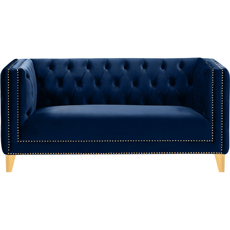 Michelle 66'' Navy Velvet Tufted Loveseat with Gold Nailhead Trim