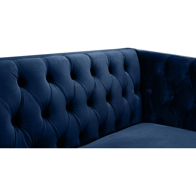 Michelle 90'' Navy Velvet Tufted Sofa with Gold Nailhead Trim