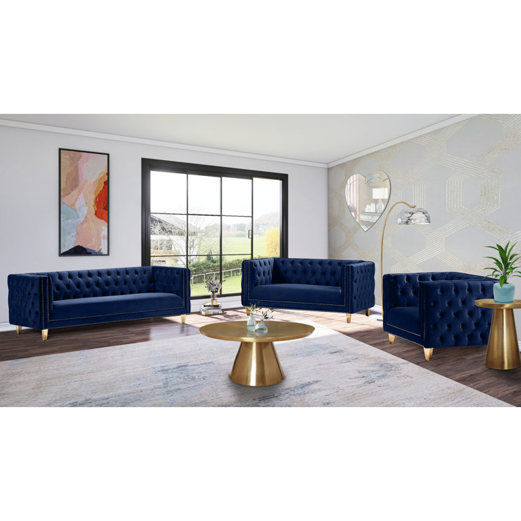 Michelle Navy Velvet 34" Glamorous Armchair with Gold Iron Legs