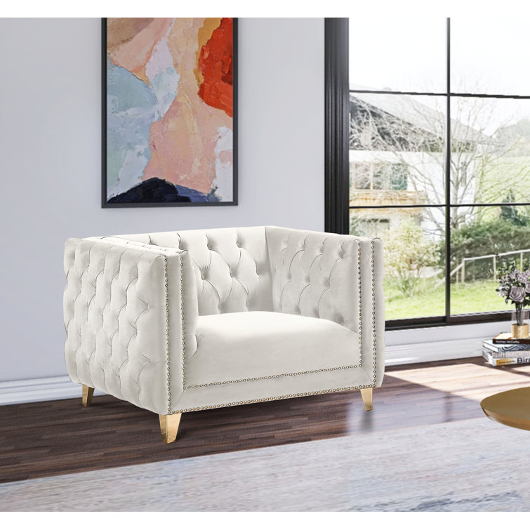 Elysian Cream Velvet Tufted Armchair with Gold Iron Legs