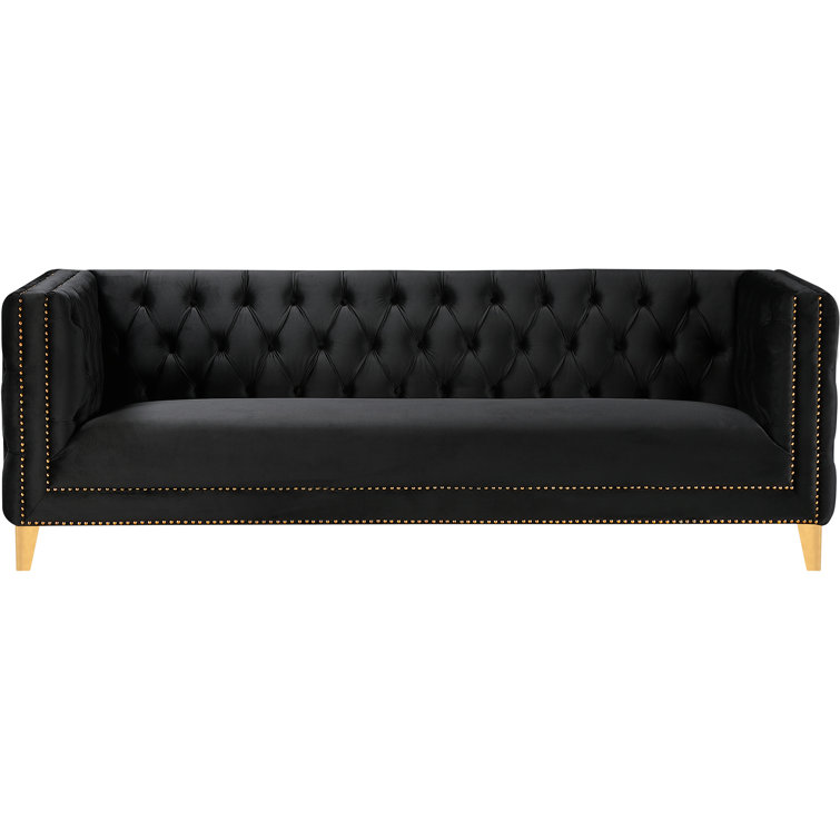Michelle 90'' Black Velvet Sofa with Gold Nailhead Trim