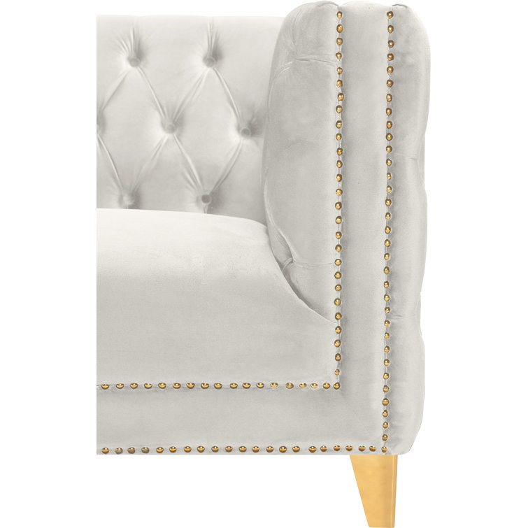 Michelle 90'' Cream Velvet Tufted Sofa with Gold Nailhead Trim