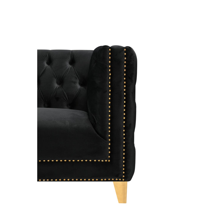 Michelle 90'' Black Velvet Sofa with Gold Nailhead Trim
