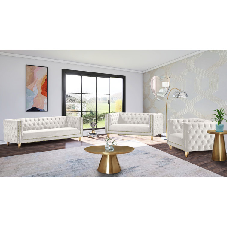 Michelle 90'' Cream Velvet Tufted Sofa with Gold Nailhead Trim