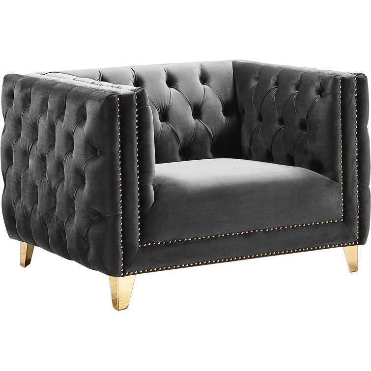 Elegant 34'' Grey Velvet Tufted Armchair with Gold Iron Legs
