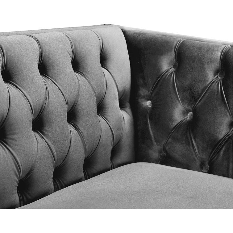 Elegant 34'' Grey Velvet Tufted Armchair with Gold Iron Legs