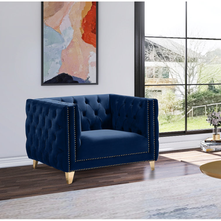 Michelle Navy Velvet 34" Glamorous Armchair with Gold Iron Legs