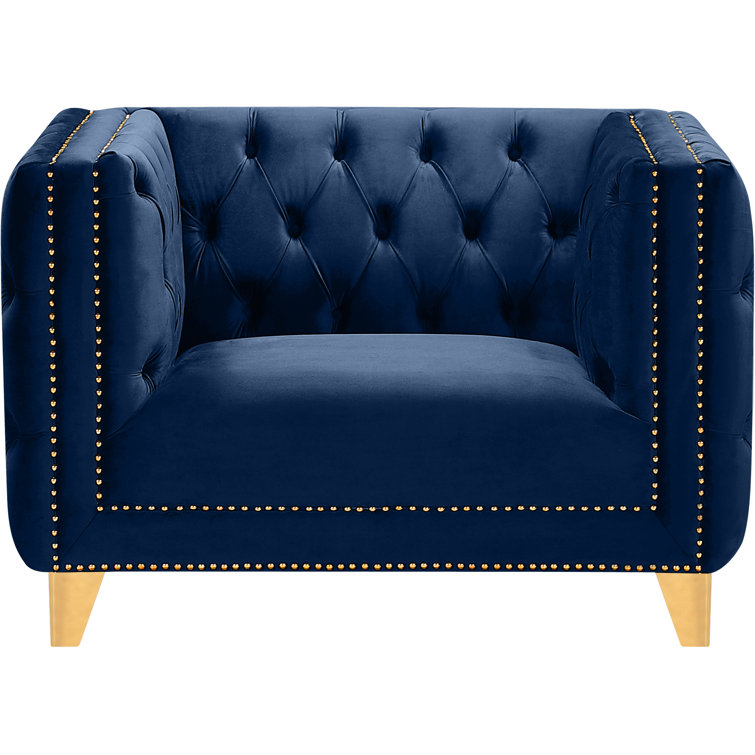 Michelle Navy Velvet 34" Glamorous Armchair with Gold Iron Legs