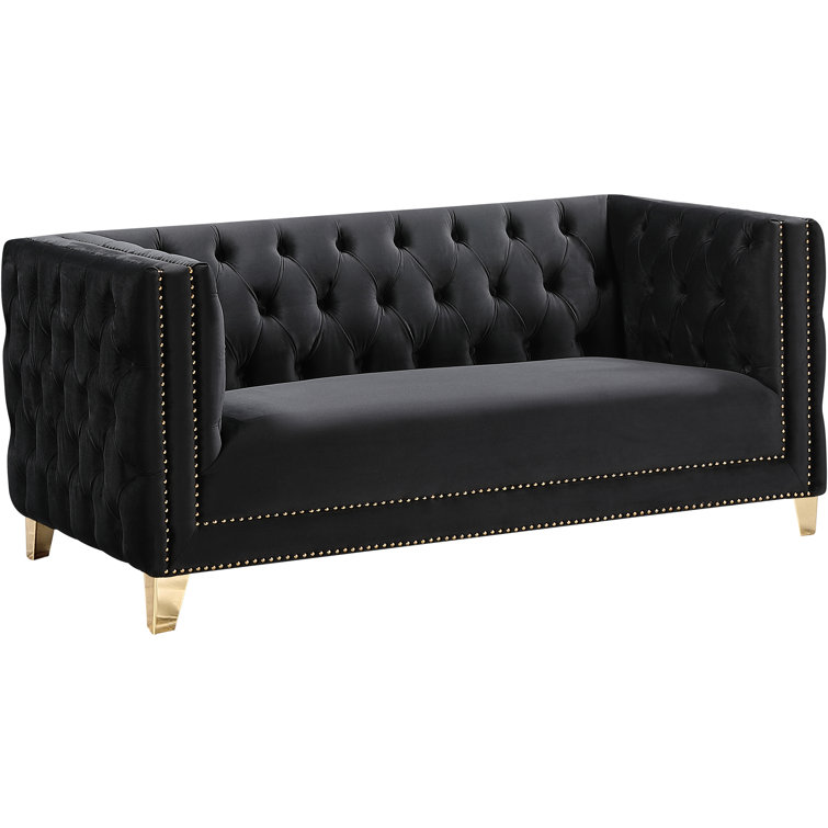 Glamorous Michelle 66'' Black Velvet Tufted Loveseat with Gold Nailhead Trim
