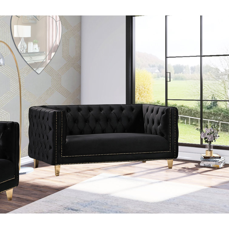Glamorous Michelle 66'' Black Velvet Tufted Loveseat with Gold Nailhead Trim