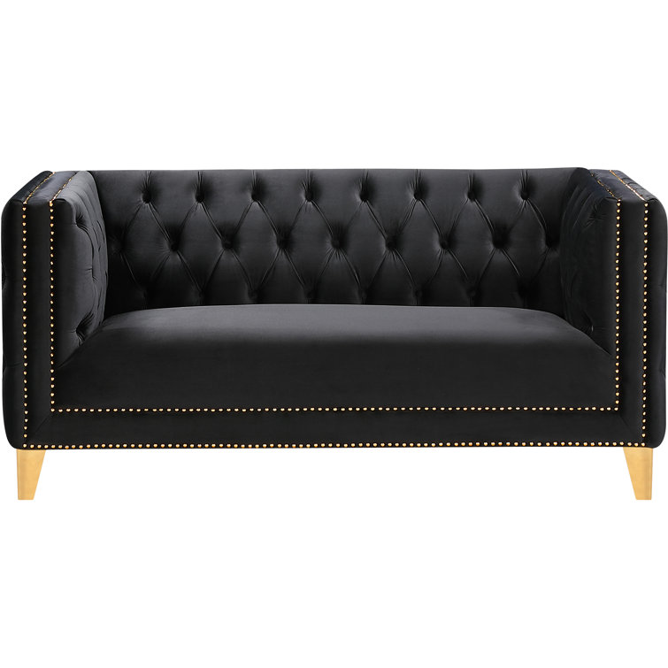 Glamorous Michelle 66'' Black Velvet Tufted Loveseat with Gold Nailhead Trim