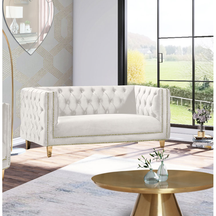 Elegant 66'' Cream Velvet Loveseat with Gold Nailhead Trim