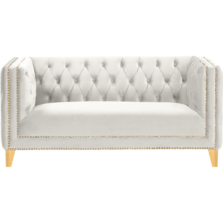 Elegant 66'' Cream Velvet Loveseat with Gold Nailhead Trim