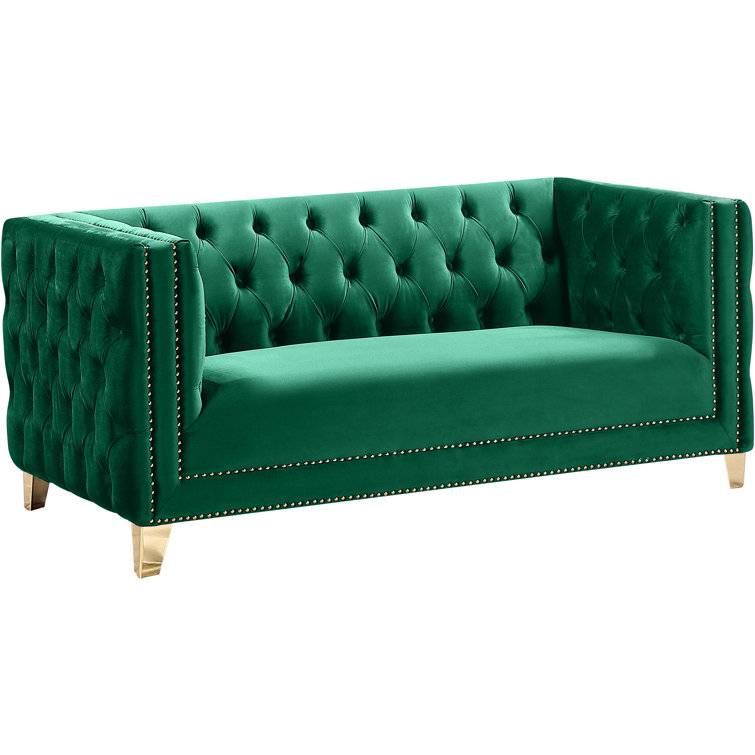 Michelle 66'' Green Velvet Tufted Loveseat with Gold Nailhead Trim