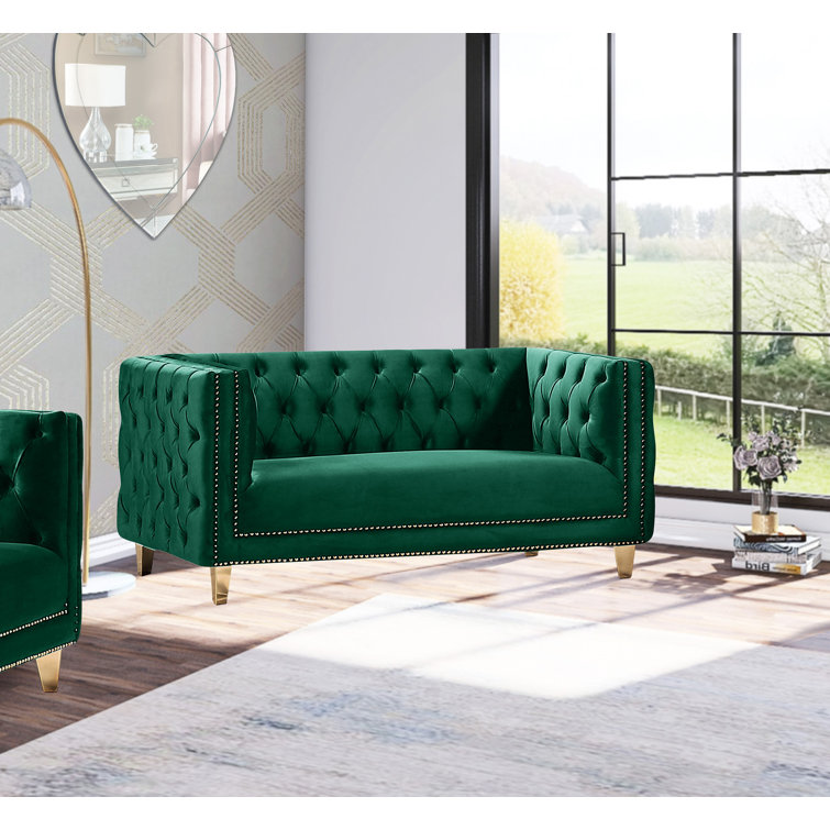 Michelle 66'' Green Velvet Tufted Loveseat with Gold Nailhead Trim