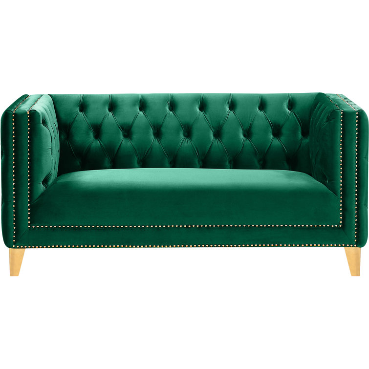 Michelle 66'' Green Velvet Tufted Loveseat with Gold Nailhead Trim