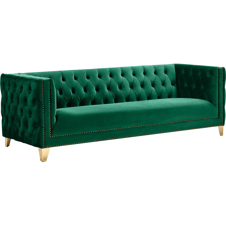 Green Velvet Tufted Sofa with Gold Nailhead Trim