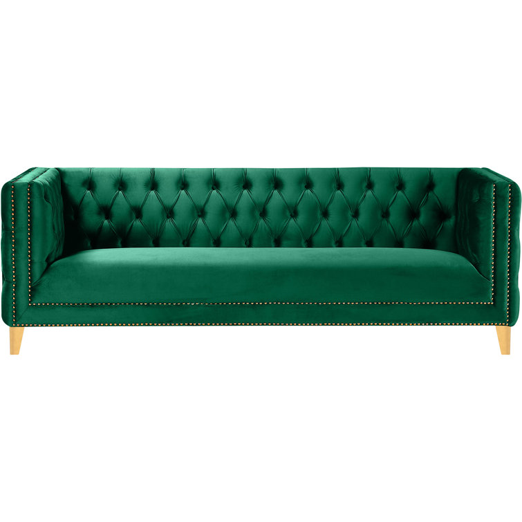 Green Velvet Tufted Sofa with Gold Nailhead Trim
