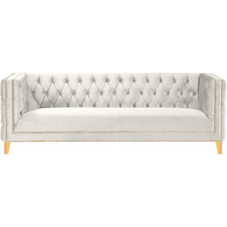 Michelle 90'' Cream Velvet Tufted Sofa with Gold Nailhead Trim
