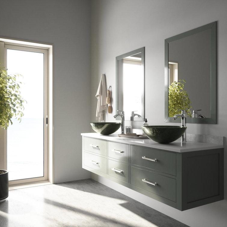 Gray Onyx Round Glass Vessel Sink with Chrome Faucet