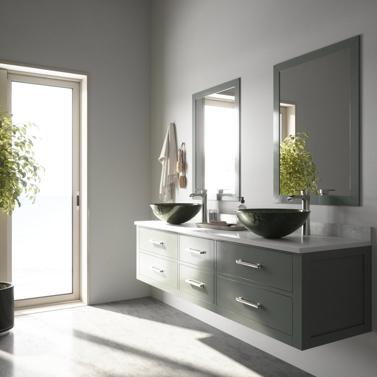 Gray Onyx Round Glass Vessel Sink with Brushed Nickel Faucet