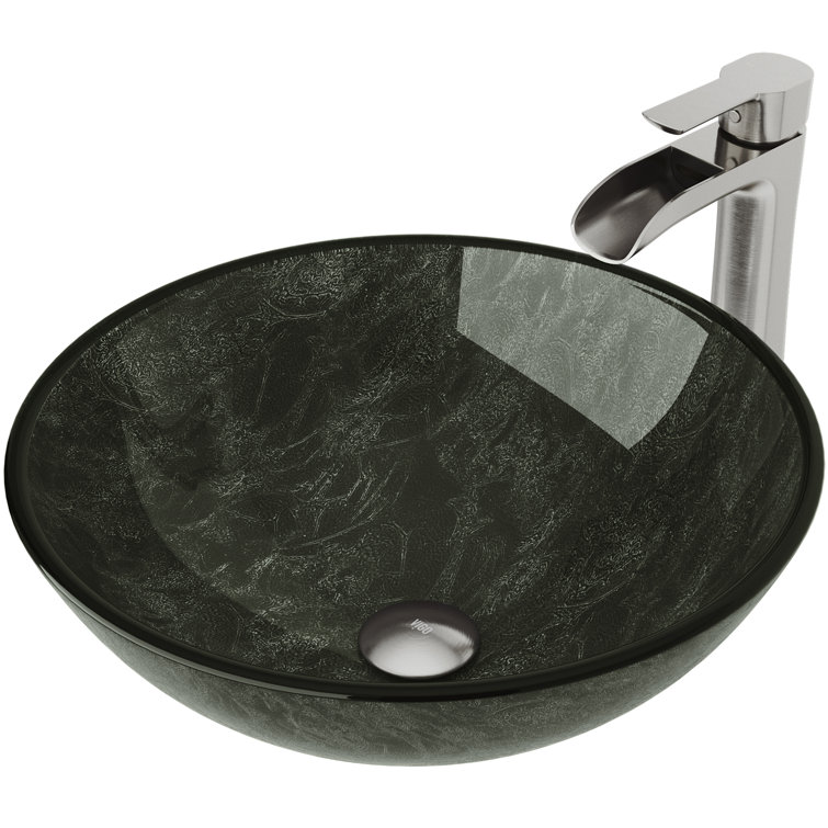 Gray Onyx Round Glass Vessel Sink with Brushed Nickel Faucet