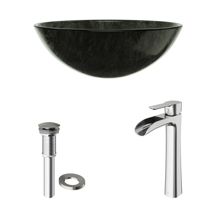 Gray Onyx Round Glass Vessel Sink with Brushed Nickel Faucet