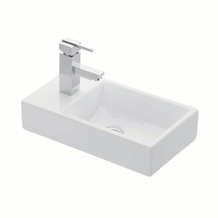 Glossy White Ceramic Rectangular Wall-Mount Vessel Sink