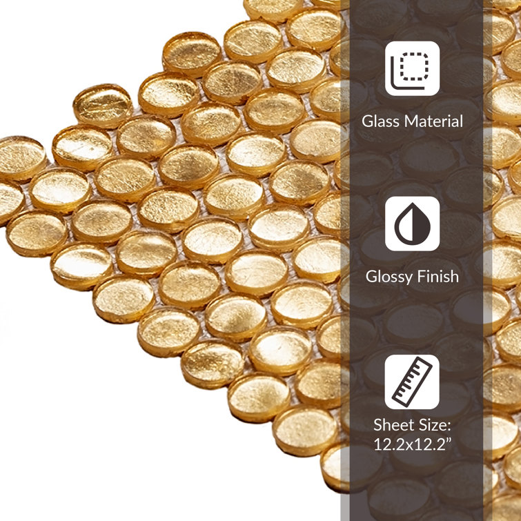 Gold Polished Penny Round Glass Mosaic Tile